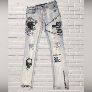 Tattoo Graphic Punk Distressed Grunge Indie Light Wash Edgy Denim Jeans 32W